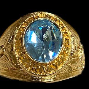 Army Ring with blue stone set in Heavy 18 Karat Gold plate, Military insignia